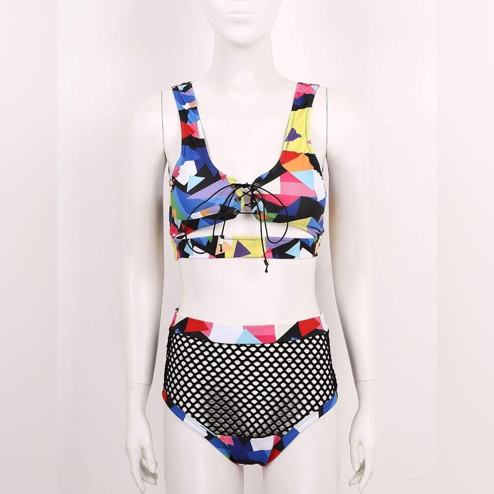 Women's Lace Up Fishnet Tankini Bathing Suit with High Cut Thong Swimsuit